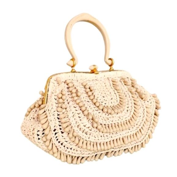 Vintage Handbags - ♥️ Vintage 1960s Tan Straw Beaded Box Shaped Handbag Purse With Top Handle Italy